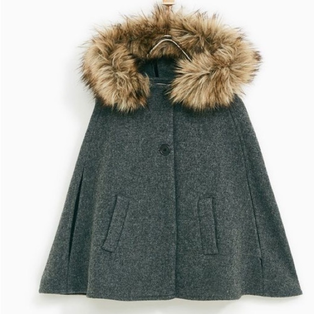 ZARA Girls/kids WOOL Cape with Faux Fur Trim sz 13-14